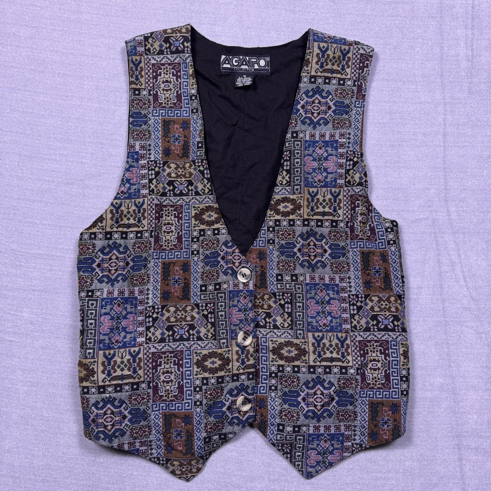 VTG AGAPO COLLECTION Womens M Tapestry Print Vest Geometric Pattern Button Front
